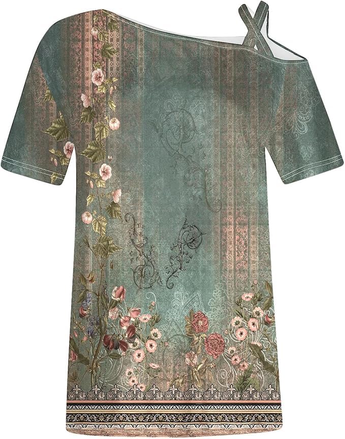 Decsth Womens Floral Boho One Shoulder Short Sleeve Shirt Green XL