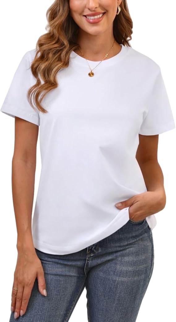 Ryaiwi Women's Soft Short Sleeve Crew Neck T-Shirt White Size L