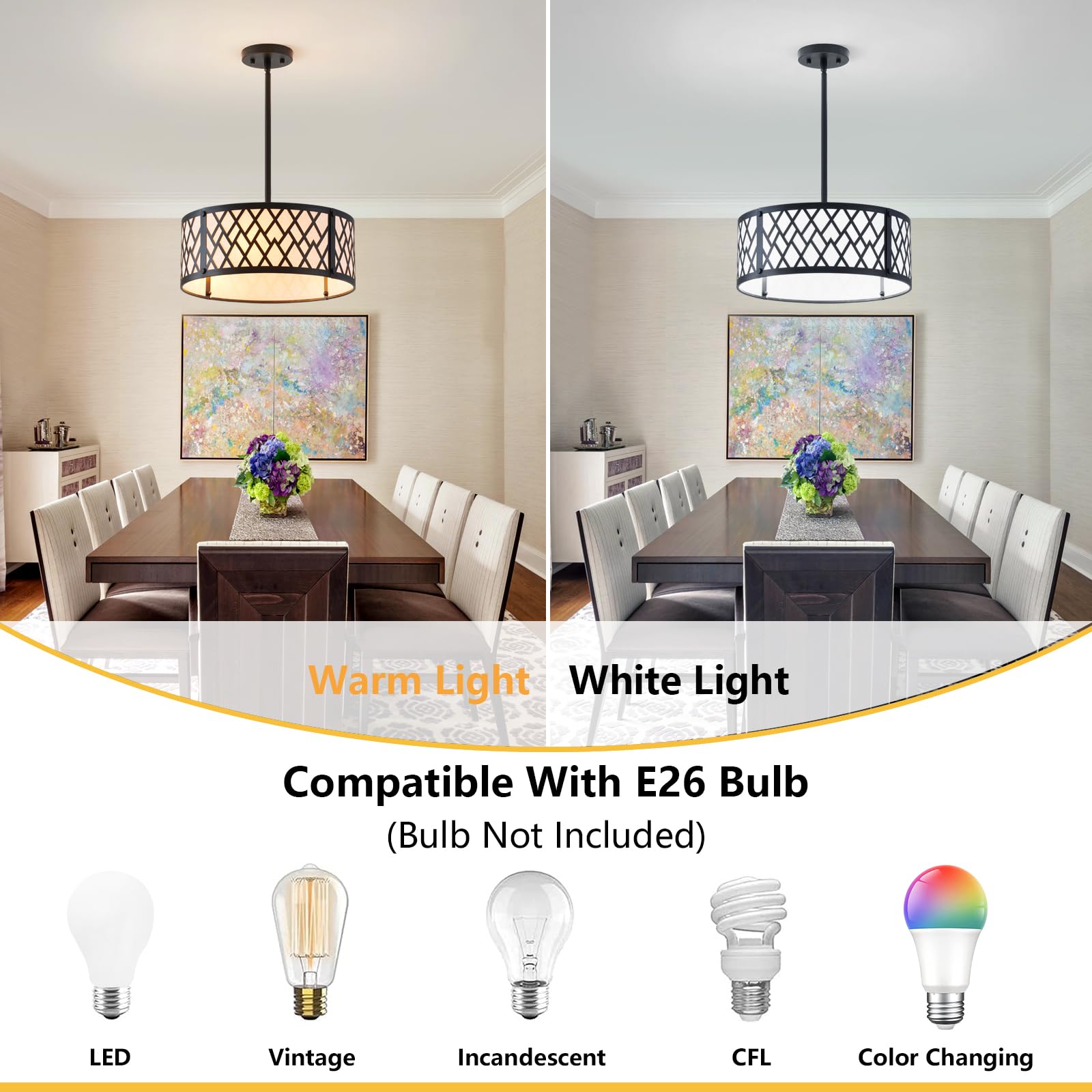 SGLfarmty 15.7in Black Drum Chandelier 3 Light Ceiling Fixture Farmhouse Pendant