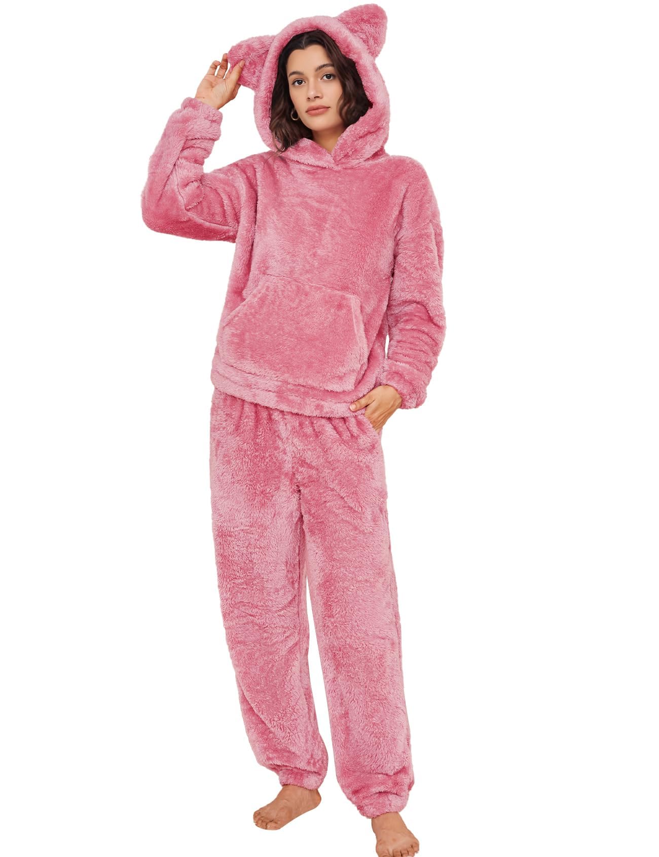Flygo Women's Fluffy Fleece Pajama Set Pullover Hoodie & Pants Pink Size L