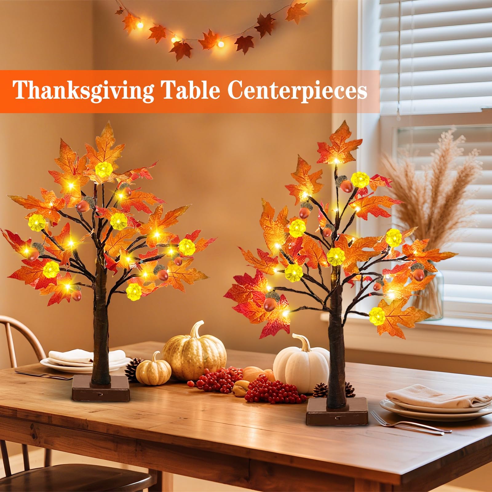 TURNMEON 2Pack 24in Prelit Fall Maple Tree Lights48 LED Timer Battery Orange Red