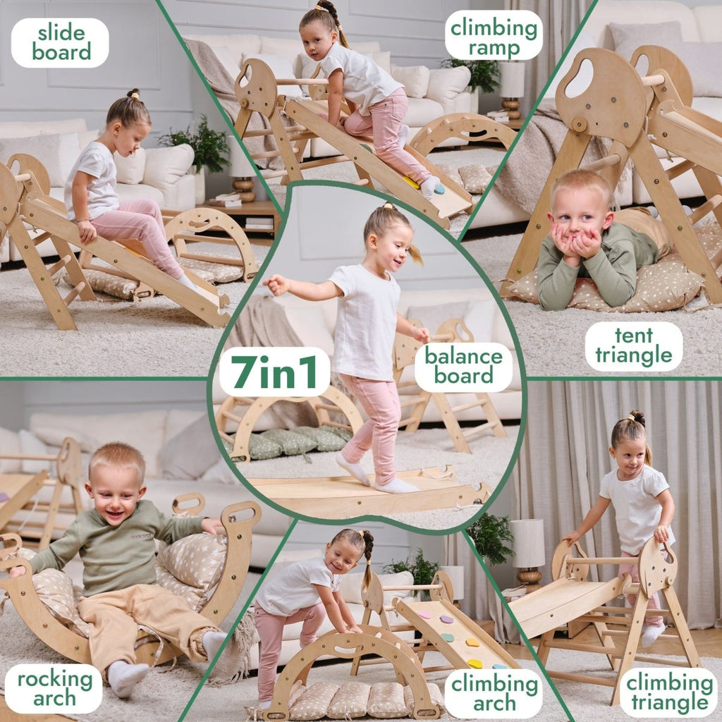 4in1 Montessori Climbing Set: Pikler Triangle, Arch, Slide Board, and Cushion for Toddlers (1–3 Years)